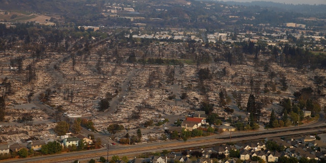 An aerial view of properties destroyed by the Tubbs Fire is seen in Santa Rosa, California, U.S., October 11, 2017.