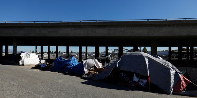 A large homeless encampment along the Santa Ana River Trail in Anaheim.