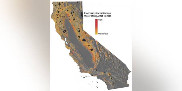 This image shows progressive water stress on California's forests. (Courtesty of Greg Asner