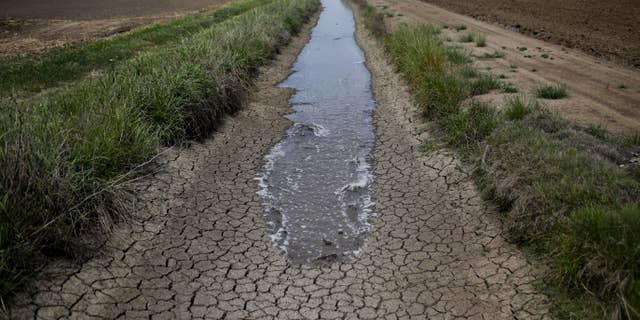 May 1, 2014: irrigation water runs along the dried-up ditch between the rice farms to provide water for the rice fields in Richvale, Calif.