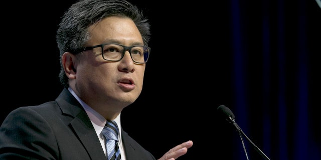 In this May 20, 2017 file photo, California state Treasurer John Chiang speaks at the California Democratic Party's annual convention, in Sacramento, Calif