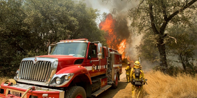 Firefighters battle a wildfire near Oroville, Calif., on Saturday, July 8, 2017.