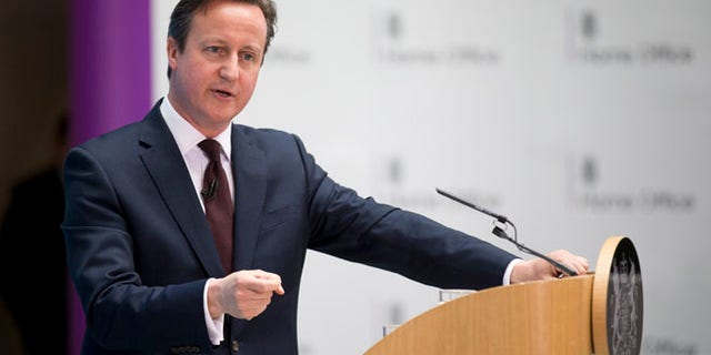 May 21, 2015: Britain's Prime Minister David Cameron answers a question from a journalist after delivering a speech on immigration at the Home Office in London. (AP)