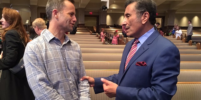 Actor Kirk Cameron, left, meets with evangelical minister Michael Youssef.