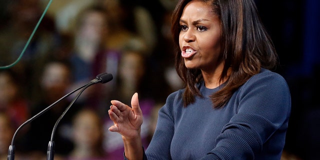 Oct. 13, 2016: First lady Michelle Obama speaks during a campaign rally for Democratic presidential candidate Hillary Clinton in Manchester, N.H.