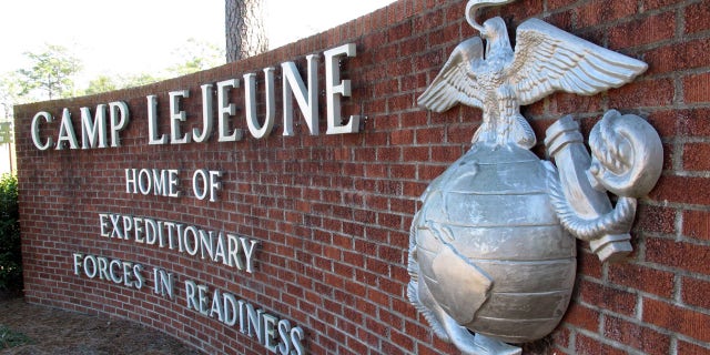 March 19, 2013: The globe and anchor stand at the entrance to Camp Lejeune, N.C.