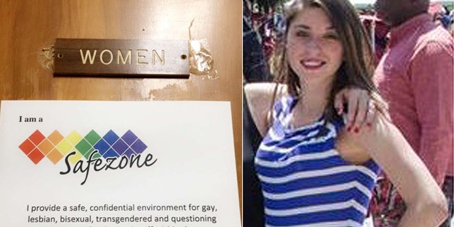 A sign on the door of a Meredith College restroom angered Christian Costa; while Anna Bauch, (r.), said support of Donald Trump got conservative students in trouble.
