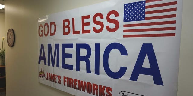 A poster from Jake's Fireworks now hangs in Sen. Jerry Moran's Kansas office.