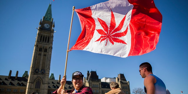 A woman holds the Canadian flag.