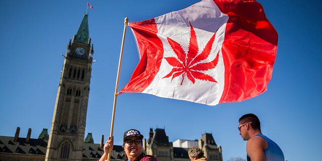 A woman holds the Canadian flag.