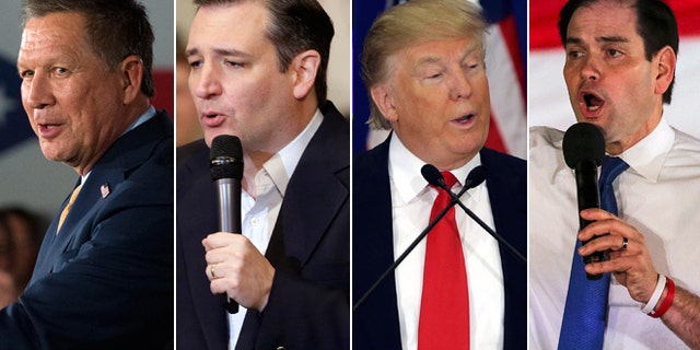 From left to right: John Kasich, Ted Cruz, Donald Trump, Marco Rubio