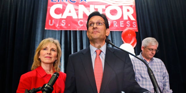 June 10, 2014: House Majority Leader Eric Cantor, R-Va., delivers his concession speech as his wife, Diana, listens in Richmond, Va.