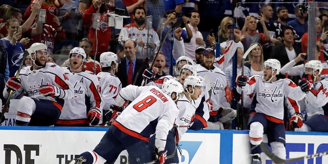 The Washington Capitals celebrate their Game 7 Eastern Conference Final victory Wednesday night over the Tampa Bay Lightning.