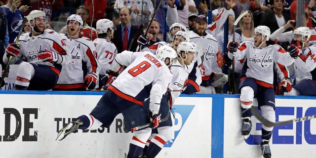 The Washington Capitals celebrate their Game 7 Eastern Conference Final victory Wednesday night over the Tampa Bay Lightning.