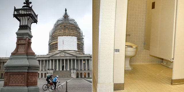 At left: The U.S. Capitol; At right: Bathroom file photo