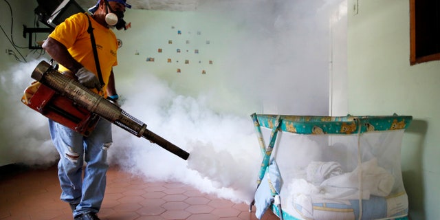 A worker from the municipality of Sucre carries out fumigation to help control the spread of Chikungunya and dengue fever, which are caused by viruses carried by mosquitoes, in the Petare slum district of Caracas September 22, 2014. REUTERS/Carlos Garcia Rawlins