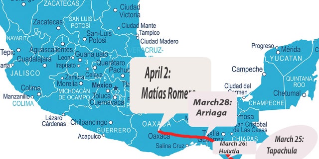 The location of the caravan of migrants headed to the United States as of Monday, April 2.