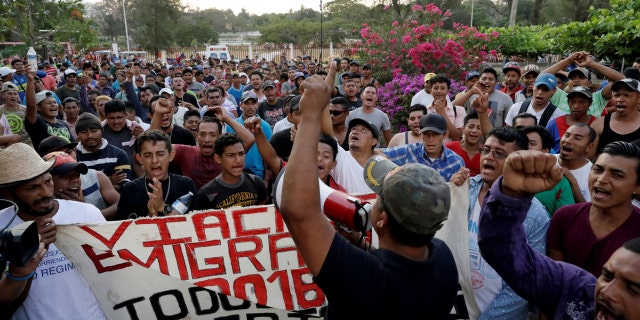 Central American migrants take part in a march along a street in the city as they take a pause from traveling in their caravan, during their journey to the U.S., in Matias Romero, Mexico April 3, 2018.