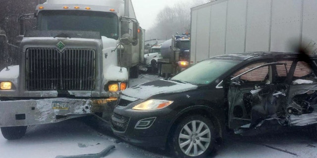 Jan. 7, 2015: In this photo provided by exploreClarion.com/Bauer Truck Repair, vehicles remain at the scene of a fatal 18-vehicle pileup that occurred in whiteout conditions.