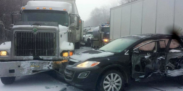 Jan. 7, 2015: In this photo provided by exploreClarion.com/Bauer Truck Repair, vehicles remain at the scene of a fatal 18-vehicle pileup that occurred in whiteout conditions.