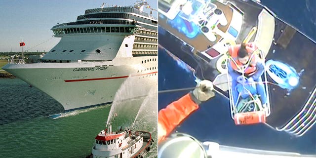 Coast Guard footage showed a woman being rescued from the Carnival Pride by a helicopter crew.