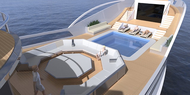 The top deck features a swimming pool and large lounge area.