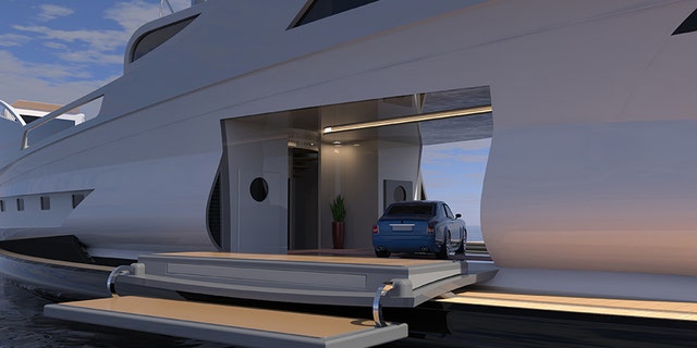 The garage area allows for a car to be parked on display.