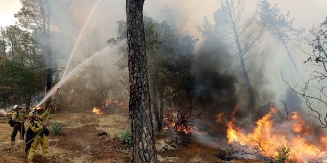 Firefighters spray water on a backfire while battling the Carr Fire in Redding, Calif., on Saturday, July 28, 2018.