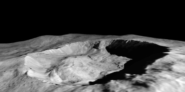A reconstructed perspective of Juling Crater, where a patch of water ice is slowly growing on the northern wall.