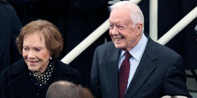 In a Friday, Jan. 20, 2017 file photo, former president Jimmy Carter and Rosalynn Carter arrive during the 58th Presidential Inauguration at the U.S. Capitol in Washington.