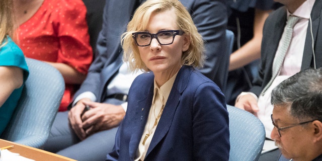 United Nations High Commissioner for Refugees Goodwill Ambassador Cate Blanchett speaks during a Security Council meeting on the situation in Myanmar, Tuesday, Aug. 28, 2018 at United Nations headquarters.