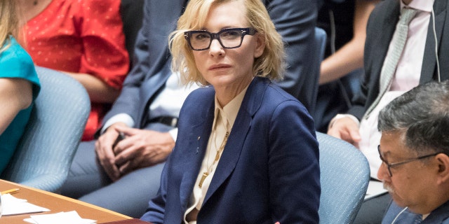 United Nations High Commissioner for Refugees Goodwill Ambassador Cate Blanchett speaks during a Security Council meeting on the situation in Myanmar, Tuesday, Aug. 28, 2018 at United Nations headquarters.