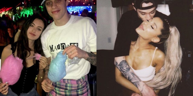 Cazzie David, left, and Pete Davidson pictured just days before their break up. The pair dated since 2015 before Davidson began romancing pop singer Ariana Grande, right