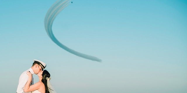 The Blue Angels flew over Rachel and Chandler Mills’ wedding in Florida on Sunday.