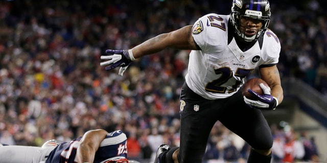 Jan. 20, 2013: Baltimore Ravens running back Ray Rice goes in for a two-yard touchdown run against New England Patriots outside linebacker Donta Hightower (54) during the first half of the NFL football AFC Championship football game in Foxborough, Mass. (AP)