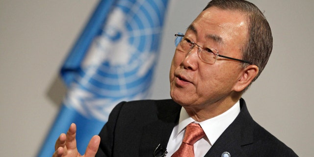 Nov. 21, 2013: U.N. Secretary General Ban Ki-moon gestures during an interview during the 19th conference of the United Nations Framework Convention on Climate Change in Warsaw.