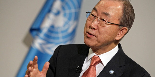 Nov. 21, 2013: U.N. Secretary General Ban Ki-moon gestures during an interview during the 19th conference of the United Nations Framework Convention on Climate Change in Warsaw.