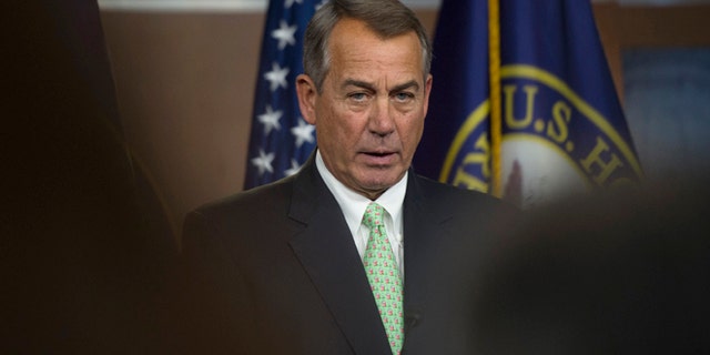 House Speaker John Boehner of Ohio speaks during a news conference on Capitol Hill in Washington, Thursday, Feb. 12, 2015. Boehner refused to rule out a potential shutdown at the Department of Homeland Security because of a congressional impasse over funding. (AP Photo/Molly Riley)