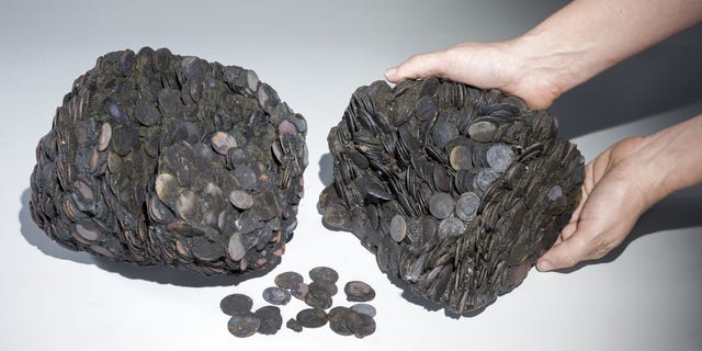 Lumps of coins that were discovered at sea. (Clara Amit, courtesy of the Israel Antiquities Authority)