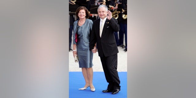 In this Sunday July 13, 2008 file photo, Polish President Lech Kaczynski and his wife Maria attend a formal dinner after a Mediterranean Summit meeting at the Petit Palais in Paris.