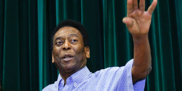 Pele during a news conference at the Albert Einstein Hospital in Sao Paulo, Tuesday, Dec. 9, 2014.