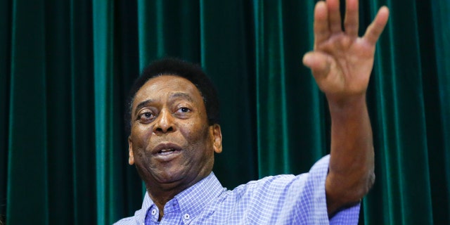 Pele during a news conference at the Albert Einstein Hospital in Sao Paulo, Tuesday, Dec. 9, 2014.