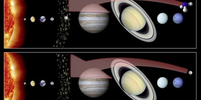 This artist's illustration shows two different hypotheses regarding the formation of Ceres. Top: Ceres formed in the main asteroid belt, and ammonia was incorporated from the solar system's outer reaches. Bottom: Ceres itself formed far from th