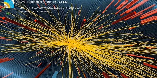 A proton-proton collision at the Large Hadron Collider particle accelerator at CERN laboratory in Geneva that produced more than 100 charged particles.