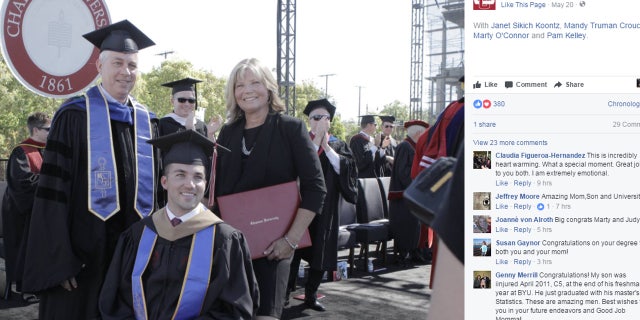 Chapman University surprised Marty O'Connor's mom, Judy, with an honorary degree at the ceremony.
