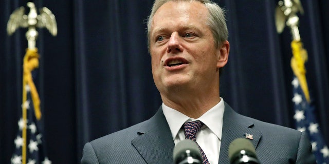 Massachusetts Gov. Charlie Baker addresses a gathering at the Statehouse in Boston, July 27, 2017.