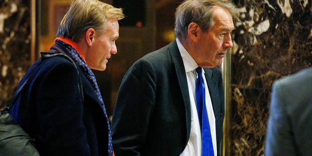 John Dickerson and Charlie Rose arrive to meet with U.S. President-elect Donald Trump at Trump Tower in Manhattan, New York City, Nov. 21, 2016.