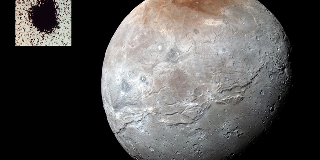 Charon over 40 years: An enhanced-color image of Charon from the New Horizons data shows a range of diverse features, far more detailed than the 1978 inset image with the small bump that signaled the existence of a moon.