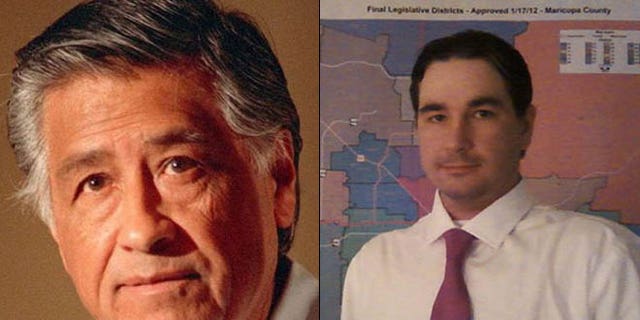 Shown at left is the original Cesar Chavez, the late leader of the United Farm Workers Union. At right is congressional candidate Cesar Chavez, formerly Scott Fistler.