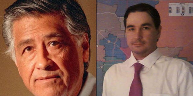 Shown at left is the original Cesar Chavez, the late leader of the United Farm Workers Union. At right is congressional candidate Cesar Chavez, formerly Scott Fistler.